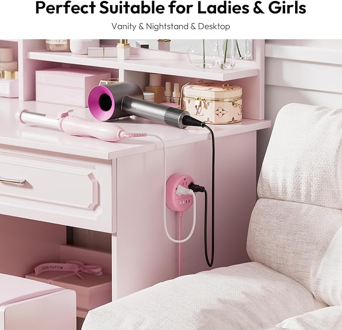 NTONPOWER Pink Extension Cord 5ft, Cute Power Strip with 3 AC Outlets & 2 USB C & 2 USB A, Flat Extension Cord, Wall Mount, Flat Plug Power Strip for Home, Dorm, Vanity Desk, Women Essential