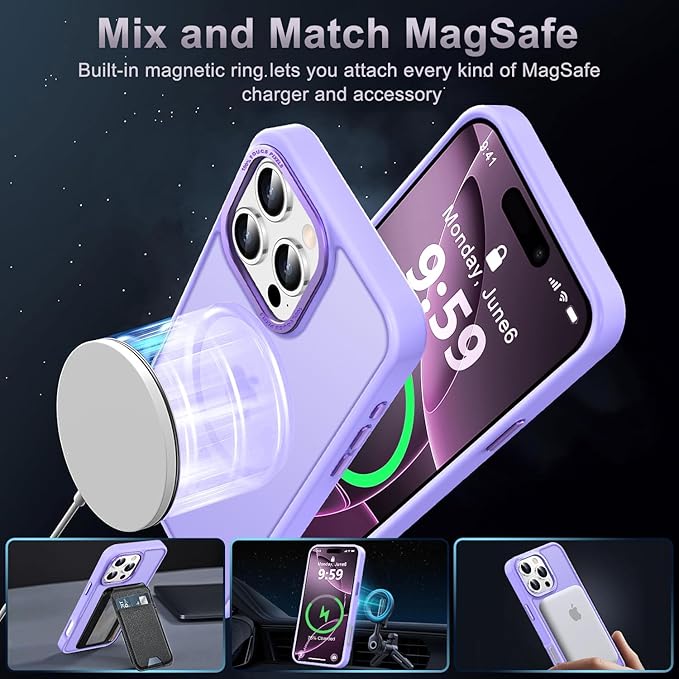 Newfuture Designed for iPhone 16 Pro Case with Magnetic [13 FT Military Drop Protection] [Compatible with Magsafe] Slim Translucent Matte Shockproof with Anti-Fingerprint Phone Case,Lilac Purple