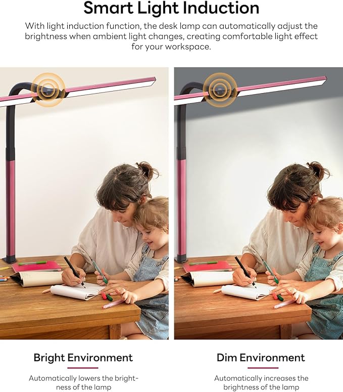 LED Desk Lamp for Home Office, Eye-Caring Desk Light with Clamp, Stepless Dimming 24W Double Head Architect Task Lamp with Remote Control, Flexible Arm for Working Studying Reading Drafting（RED)