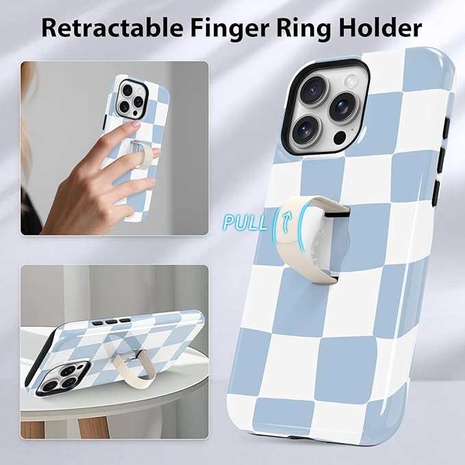KANGHAR Compatible with iPhone 16 Pro Max Case, Support for MagSafe, Silicone Checkered Cute Pattern, Wristband Kickstand Camera Protection Soft Slim Phone Case for Girls Women -Light Blue