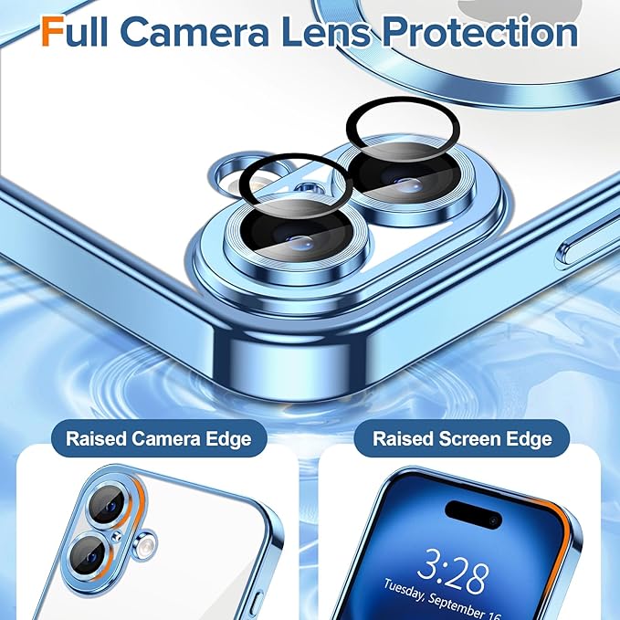 Hython Magnetic Clear for iPhone 16 Case with Camera Lens Protector [Compatible with MagSafe] Luxury Plating Edge Slim Soft TPU Cover Protective Phone Case for iPhone 16 6.1", Light Blue