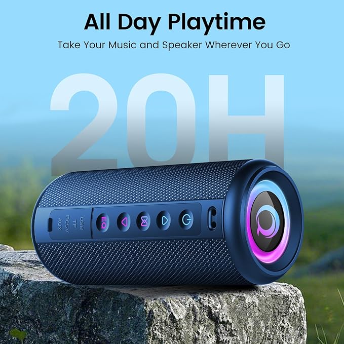 Portable Bluetooth Speaker, 2026 Bluetooth 5.4 Wireless Speaker with 20W HD Loud Stereo Sound, 20H Playtime, LED Lights, IP7, TWS Pairing, Built-in Mic, for Outdoor, Home, Beach, Party, Gift, Blue