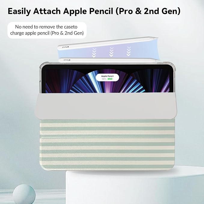 Lovmooful Compatible for iPad Pro 12.9-Inch 2022/2021/2020/2018 (6th/5th/4th/3rd Generation) Case with Pencil Holder Cute Striped with Aesthetic Design Soft TPU Trifold Stand Protective-Green