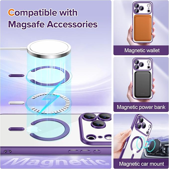 Hython Magnetic Clear for iPhone 17 Pro Max Case with Camera Lens Protector [Compatible with MagSafe] Plating Edge Slim Soft TPU Cover Protective Phone Case for iPhone 17 Pro Max 6.9", Matte Purple