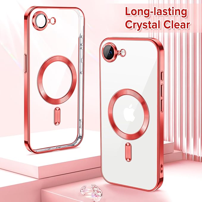 Hython Magnetic Clear for iPhone 16e Case with Camera Lens Protector [Compatible with MagSafe] Luxury Plating Edge Slim Soft TPU Cover Protective Phone Case for iPhone 16e 6.1", Red