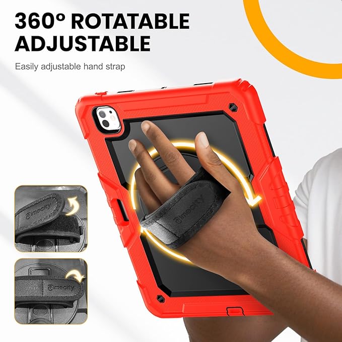 timecity Case for iPad Pro 13 Inch M5 2025 / M4 2024, 360° Rotating Stand, Pencil Holder & Wireless Charging, Shockproof with Screen Protector & Shoulder Strap - for Designers & Professionals, Red