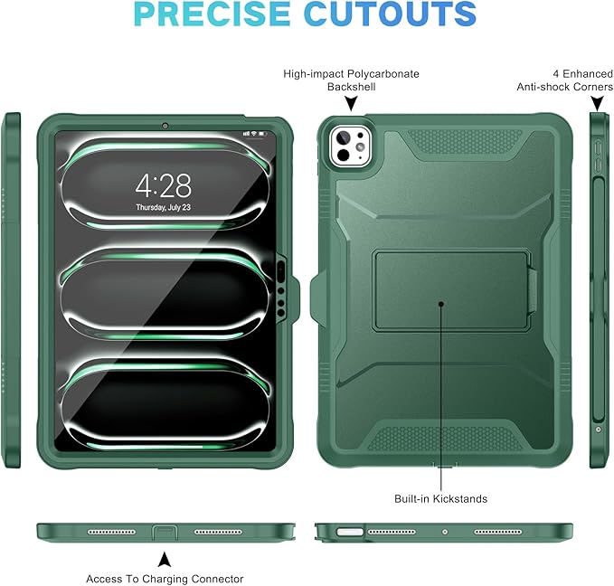 Soke Case for iPad Pro 11 Inch (M5) 2025/ (M4) 2024, with Built-in Screen Protector & Kickstand, Rugged Full Body Heavy Duty Protective Cover with Pencil Holder - Midnight Green