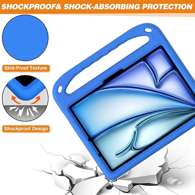 Kids Case for Apple iPad Air 11 inch M4/M3/M2 (2026/2025/2024) with Pencil Stylus Holder/Handle/Kickstand Slim Lightweight Cute Soft Shockproof EVA Folio Stand Protective Tablet Cover, Blue