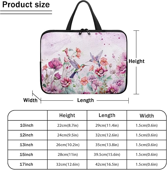 12 Inch Laptop Sleeve, Laptop Cover Computer Bag Tablet Carrying Case with Handle, Hummingbirds Floral Water-Repellent Tote Bags Notebook Sleeves Handbag Messenger Briefcase