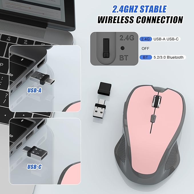 Bluetooth Wireless Mouse for Mac MacBook Air iPad Pro PC, Ergonomic Rechargeable Computer Mouse with Jiggler Mode, 3 DPI Levels & Forward/Back Buttons Laptop Mice for Office/Home/School, Pink