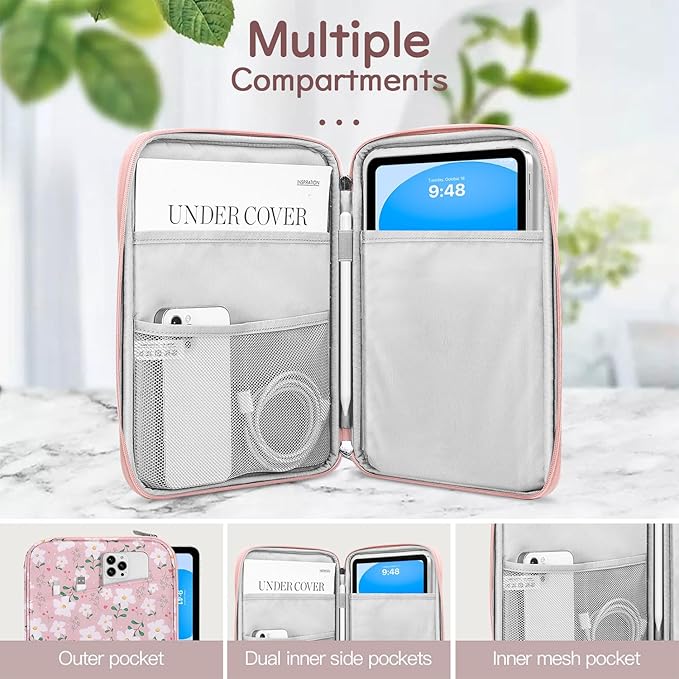 Dadanism 9-11" Tablet Sleeve Bag Carrying Case for iPad (A16) 11th Gen 11", iPad 10th Gen 10.9" Air 5/4, iPad Air M4/Pro 11", iPad 9/8/7th, Galaxy Tab A11+ Plus 11", Remarkable 2 10.3", Pink Flowers