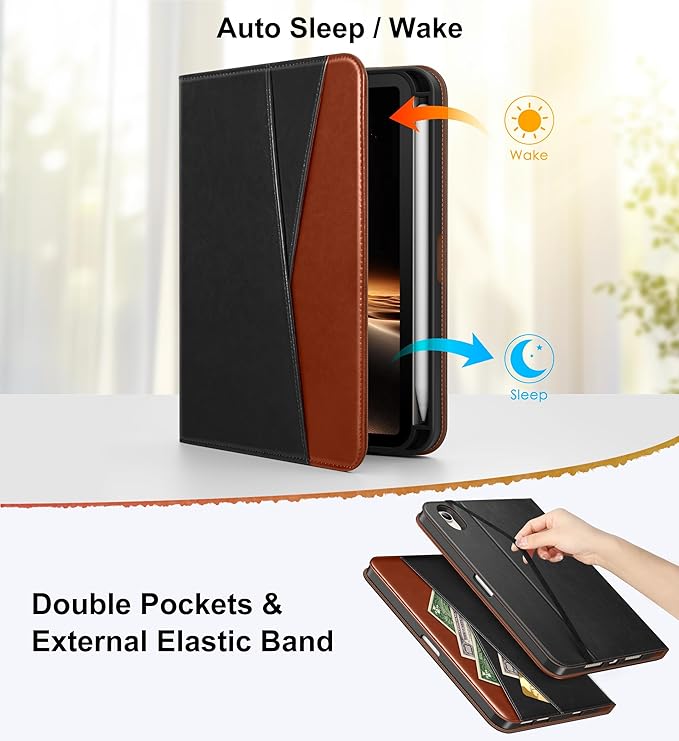 DTTO for iPad mini 7 (A17 Pro) Case, iPad mini 7th / 6th Generation Case (2024/2021), 360 Degree Rotating Premium Leather Folio Stand Cover with Pencil Holder, Black Brown