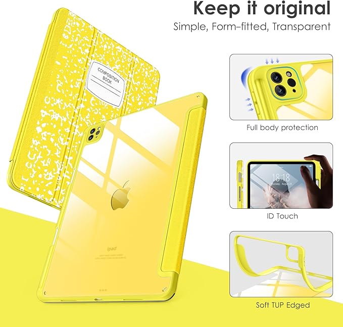 VIKESI for iPad Pro 11 Inch 4th/3rd/2nd/1st Generation Case, iPad Air 11-inch / 5th / 4th Generation Case with Clear Back,Pencil Holder,Auto Sleep/Wake,Camera Protection,Yellow Book