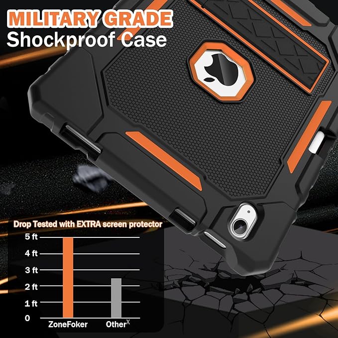 ZoneFoker Case for iPad (A16) 11th/10th Generation 11/10.9 inch 2025/2022, Heavy Duty Military Grade Shockproof Rugged Cover with Pencil Holder/Stand for i Pad 11th / 10 th Gen(Black+Orange)