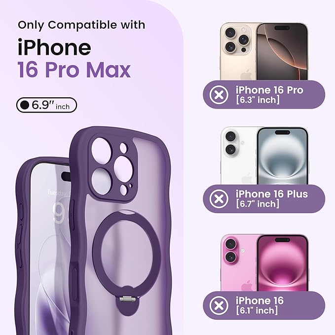 CAPRARO for iPhone 16 Pro Max Case with 360° Spin Magnetic Stand for Women, [Compatible with MagSafe] [Full Camera Protection] Cute Wave Translucent Matte Case for iPhone 16 Pro Max, Deep Purple