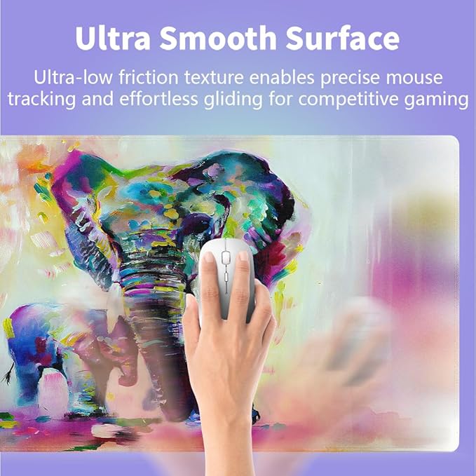Large Gaming Mouse Pad (31.5" x 15.8") - Abstract Vintage Colorful Indian Elephant Oil Painting Watercolor Artwork, Extra XXL Office Accessories, Premium Stitched Anti-Slip Office Desk Mat