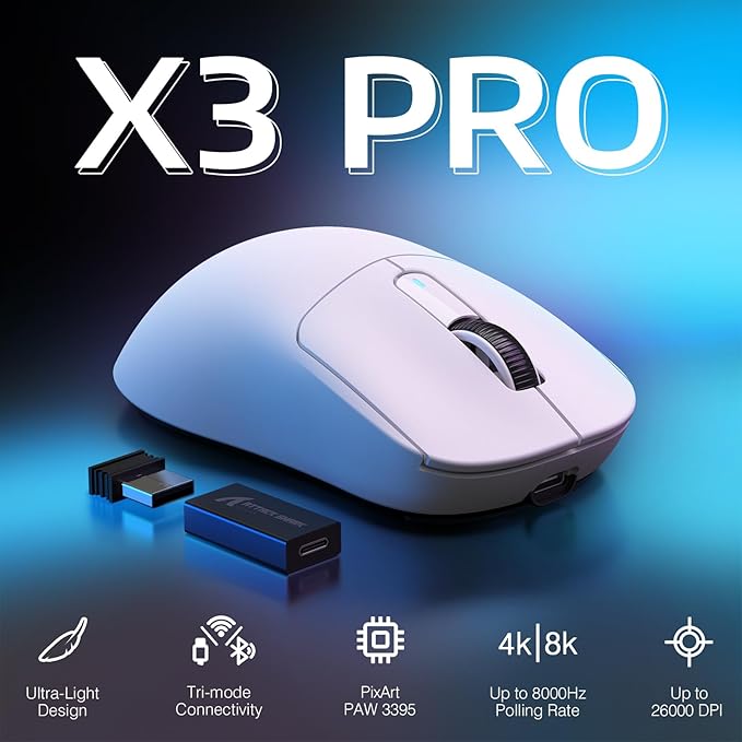 MANBASNAKE Attack Shark X3 Pro 4K/8K Hz Mouse, 59g Superlight BT/2.4G Wireless/Wired Gaming Mouse, PixArt PAW3395 Gaming Sensor, 26000 DPI, Programmable Buttons for Win11/Xbox/PS/Mac(White)