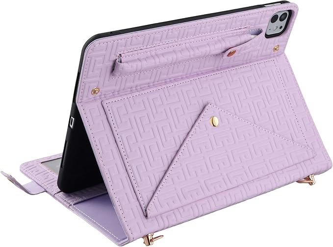 Handbag Case for iPad Pro 11-inch 2025 M5/2024 M4, Techcircle Elegant Crossbody PU Leather Folio Envelope Pocket Stand Cover with Hand Strap+Shoulder Strap+Pencil Holder+Card Slots, Lavender