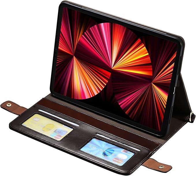 Handbag Case for 9.7-inch iPad 2018 2017 (5th/6th Generation), iPad Air/Air 2 - Folio Stand PU Leather Crossbody Cover With Hand Strap, Pencil Holder, Wallet - Dark Brown