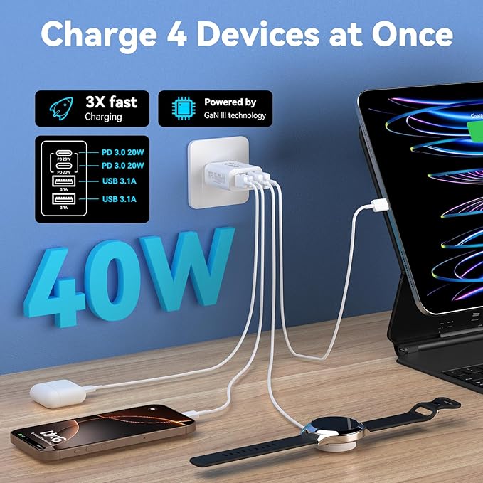 USB C Charger Block, 3Pack 40W 4 Ports Type C Fast Phone Charging Cubes PD 3.0 Wall Plug+ QC 3.0 USB A Charger Power Brick Box for iPhone 16/15/14/13/12/11 Pro Max, iPad, Galaxy, Pixel,White