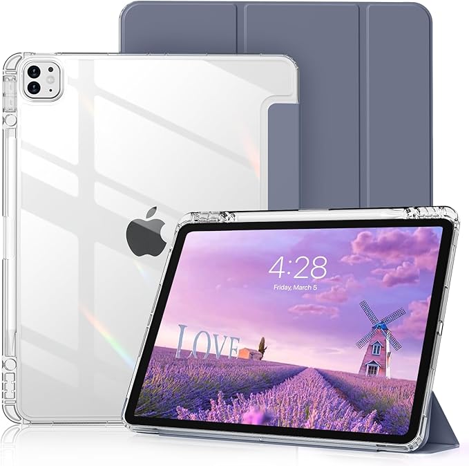 Clear Case for iPad Pro 12.9 inch 6th/5th/4th/3rd Gen with Pencil Holder [Support Pencil Charging] Auto Wake/Sleep, Lightweight Shockproof Trifold Stand Transparent Hard PC Back Cover, Purple-2