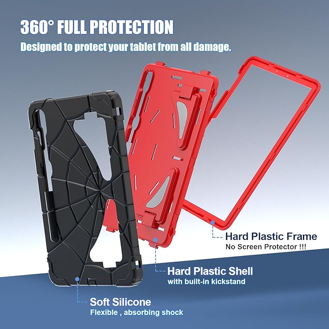 AKABEILA Compatible with Samsung Galaxy Tab S7/S8/S9/S9 FE 11 inch(2023) Tablet Case，Lightweight Shockproof Rugged Protective Cover with Kickstand for Kids Children Boys Babies Black Red
