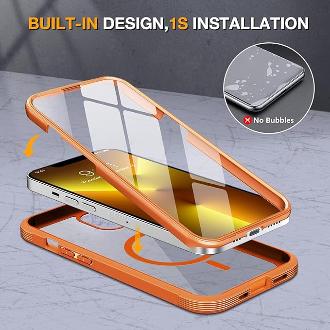 Miracase for iPhone 13 Pro Case 6.1",Full-Body Protection,Clear Bumper Case with Built-in 9H Tempered Glass Screen Protector,Military-Grade Drop Protection Outdoor Phone Case for iPhone 13 Pro,Orange