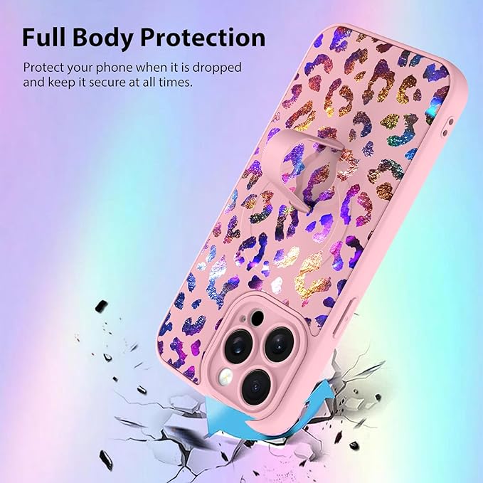 KANGHAR Compatible with iPhone 15 Pro Case, Support for MagSafe, Silicone Cute Iridescent Leopard Cheetah Pattern, Wristband Kickstand Shockproof Protective Slim Cover for Women Girls, Pink