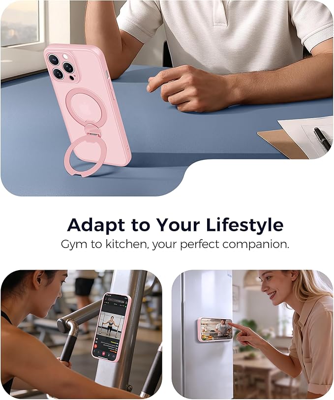 FNTCASE for iPhone 14 Pro Case: [360 Spin Magnetic Stand] [Compatible with Magsafe] [Screen Protector] Translucent Matte Military Grade Shockproof Full Camera Protective Phone Cover - Pink
