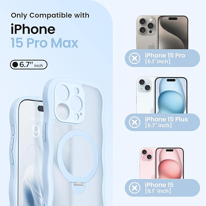 CAPRARO for iPhone 15 Pro Max Case with 360° Spin Magnetic Stand for Women, [Compatible with MagSafe] [Full Camera Protection] Cute Wave Translucent Matte Case for iPhone 15 Pro Max, Light Blue