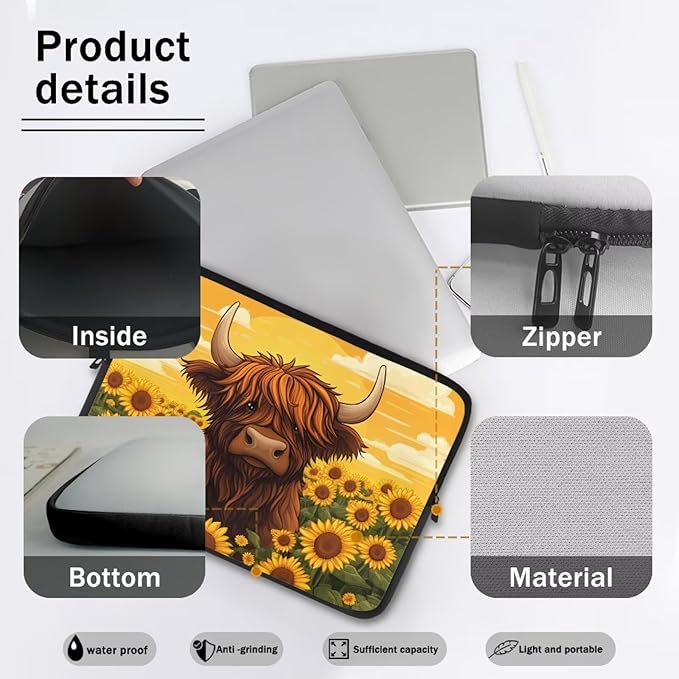 Highland Cow Laptop Protective Sleeve for Women 17inch Computer Sleeve Bag Sunflower Portable Lap Top Case Suitable for Travel School Office Neatly Organizers Brown