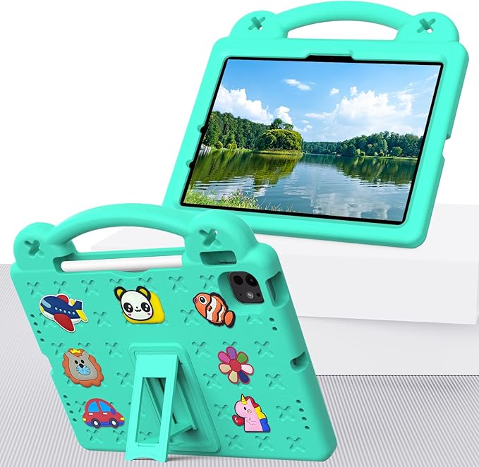 for Apple iPad Air 11 inch Kids Case M3/M2 (2025/2024) Slim Stand Cover with Pencil Holder/Handle/Kickstand Cute DIY Lightweight Cute Soft EVA Foam Shockproof Tablet Cover, Mint Green Bear