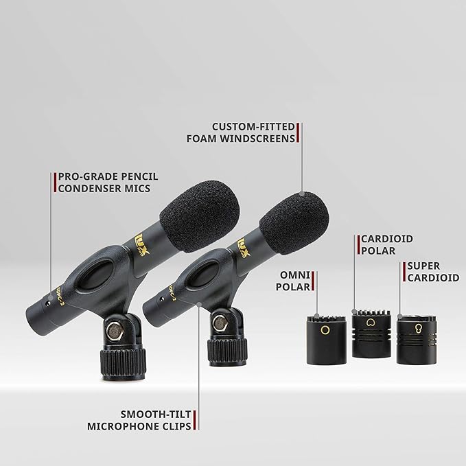 LyxPro SDPC-2 Stereo Pair of Pencil Condenser Stick Instrument Microphone Set, Interchangeable Omni, Cardioid & Super Cardioid Capsules Included, Professional Audio Recording Acoustic & Woodwind Sound