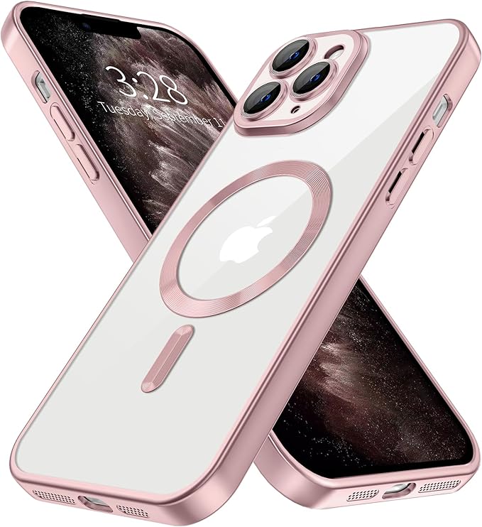 Hython Magnetic Clear for iPhone 11 Pro Max Case with Camera Lens Protector [Compatible with MagSafe] Plating Edge Slim Soft TPU Cover Protective Phone Case for iPhone 11 Pro Max 6.5", Matte Pink