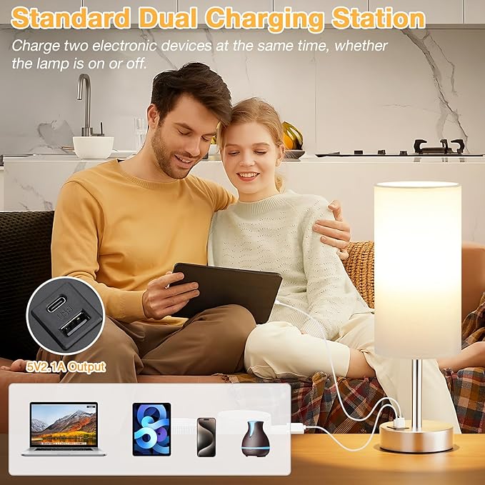 Dicoool White Touch Bedside Lamp with USB - 3 Way Dimmable Table Lamp for Bedroom, Nightstand Lamp with Nickel Charging Station and Silver LampHolder for Dorm Kids Room, Small