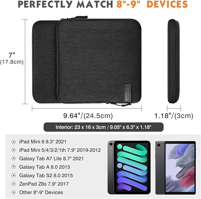 MoKo 8-9 Inch Tablet Sleeve Bag Carrying Case with Storage Pockets Fits New iPad mini (A17 Pro) 8.3" 2024, iPad mini 6/5/4/3/2/1th 8.3"/7.9" 2021-2012, Galaxy Tab A7 Lite 8.7" 2021, Black & Gray