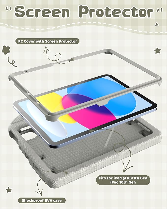 Kids Case for iPad A16 11th Gen 11-Inch 2025 & iPad 10th Generation (10.9" 2022), Durable Shockproof Fully-Body Cover with Screen Protector/Pencil Holder/Stand/Handle for Kids, Light Gray