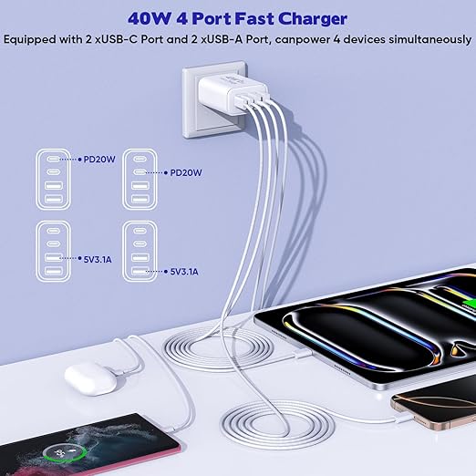 2Pack iPhone 17/16/15 Pro Max USB C to C Woven Cable Cord,PD 40W Type C Apple Charger 4 Port Wall Plug with 3FT USB C-C Fast Charging Woven Cord for iPhone 17 Air/16e/17/16/15/15 Plus/Pro/Pro Max/iPad