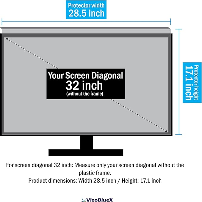 VizoBlueX 31.5 to 32 inch Universal Blue Light Screen Protector for Computer Monitor and TV. Filter & Damage Protection Panel (28.5 x 17.1 inch) Blocking UV for Displays