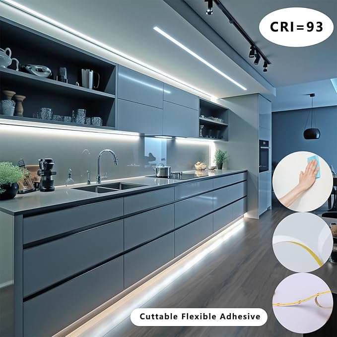 BENLUN 12V COB LED Under Cabinet Strip Lighting Kit 32.8ft, 6000K Cool White Cuttable LED Tape Lights 8W/M CRI 93 320LEDs/M with Dimmer and Power Supply for Kitchen Bookcase Shelf Display