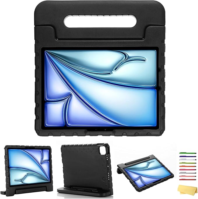 Kids Case for iPad Pro 11 inch M5/M4 (2025/2024) with Pencil Holder/Convertible Handle Stand Shockproof Slim Lightweight Cute Soft EVA Heavy Duty Rugged Kickstand Cover for Children, Black