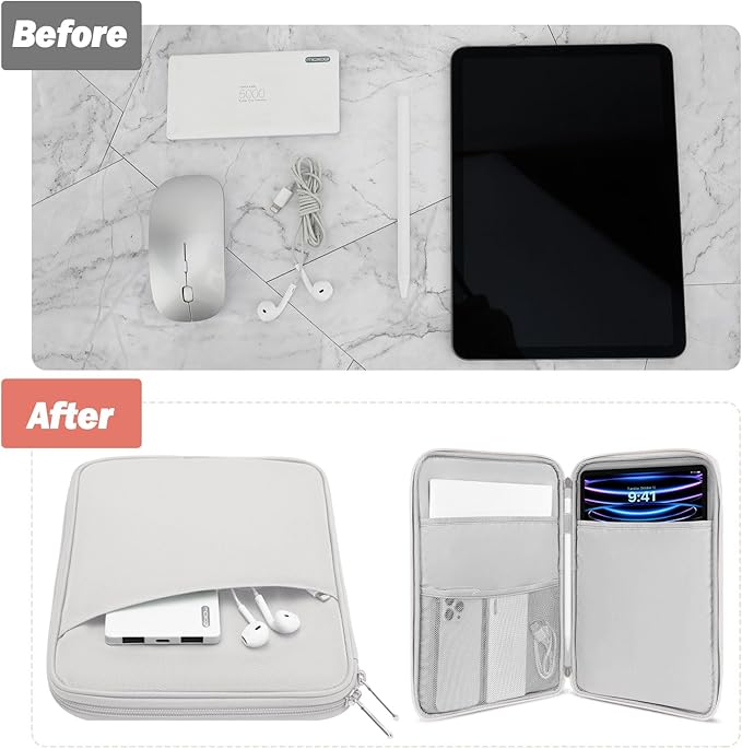 MoKo 9-11 Inch Tablet Sleeve Case, Fits New 11inch iPad Air M4/Pro M5, iPad A16 11", i-Pad 10/9/8/7th/Air 5/4th 10.9"/10.2", Tab S9/S8 11", Protective Bag Carrying Case with Pocket,Gray + White