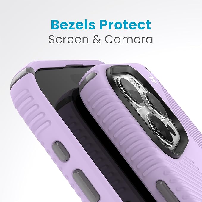 Speck iPhone 15 Pro Max Case - Built for MagSafe, Drop Protection Grip - Scratch Resistant, Soft Touch, 6.7 Inch Phone Case - Presidio2 Grip Spring Purple/Cloudy Grey/White