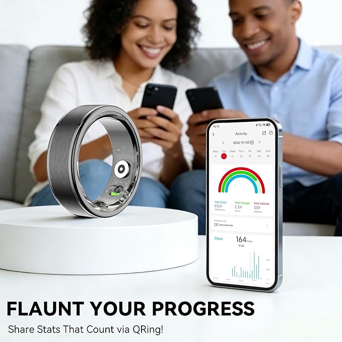 Smart Ring for Women Men,Fitness Ring with 24/7 Activity Tracking,Stress,Sleep Monitoring,No APP Subscription Fees,Compatible with iOS & Android, HarmonyOS Black, 12#