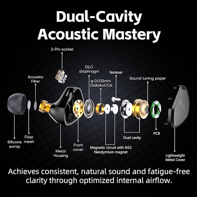 Klean in Ear Monitor, Wired Gaming Earbud, 10mm DLC Diaphragm Dynamic Driver, Wired Earbuds with Interchangeable Tuning Nozzles, HiFi IEM for Audiophile, Musician & Gaming (Black, 3.5mm)