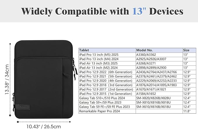 TiMOVO 13 Inch Tablet Sleeve with Shoulder Strap for iPad Air 13", iPad Pro 13"/ 12.9", Galaxy Tab S10 Plus/S10 FE+/FE Plus 12.4", Remarkable Paper Pro 11.8", Black