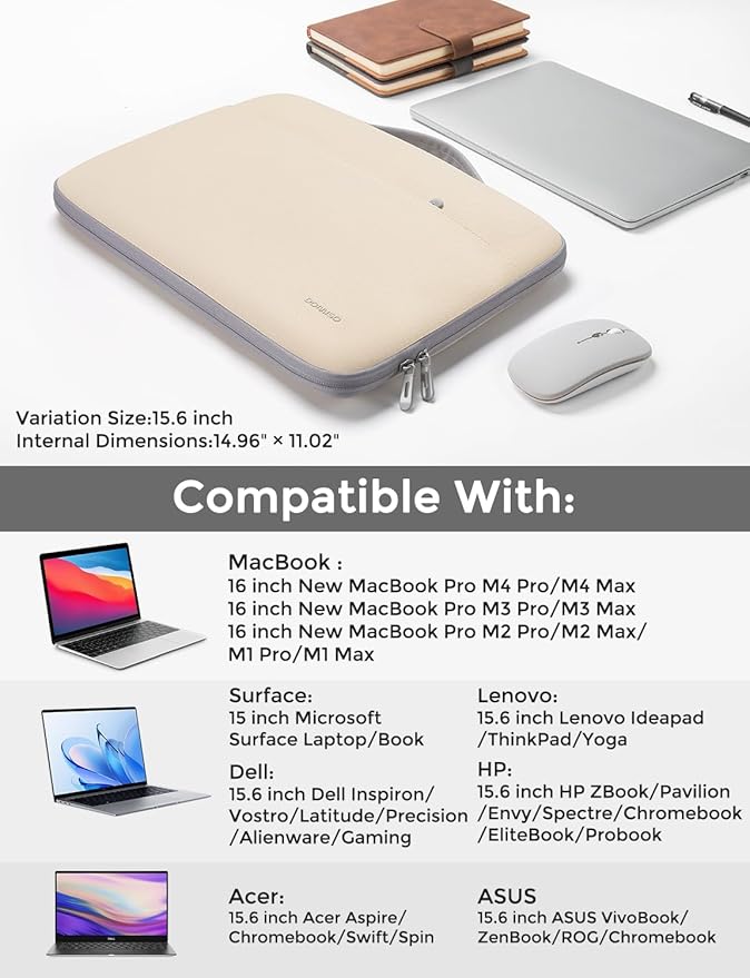 DOMISO 15.6 inch Laptop Case Sleeve Protective Cover Compatible with 16 inch MacBook Pro M4 M3 M2/Pro Max,15.6-16 inch HP Dell ASUS Lenovo Chromebook,Waterproof Computer Cases Bag with Handle,Beige