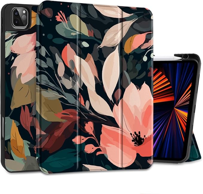 DONGKE Case for 2022/2021/2020/2018 iPad Pro 11 inch Gen 4/3/2/1 - Slim Protective Case - Built in Pencil Holder Support Charging - Trifold Stand & Sleep/Wake Cover - Painted Florals