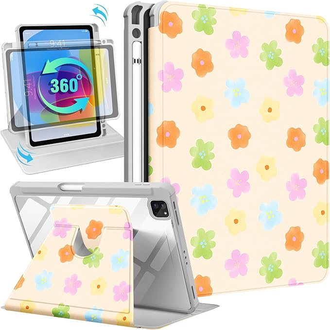 Uppuppy for iPad Air 11 inch Case(Air M4 2026, 8th Gen/M3 2025/M2)/Air 5th/4th Gen 10.9", for iPad Pro 11 inch Case(4th/3rd/2nd/1st Gen) - 360 Rotating Smart Folio Cover with Pencil Holder, Flowers