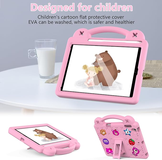 Dteck Kids Case for iPad 9.7 Inch 6th/5th Gen 2018/2017 & iPad Air 2/1 & iPad Pro 9.7,Strawberry Panda Shockproof Rugged Lightweight Pencil Holder Convertible Handles Stand Kids Friendly Case,Pink